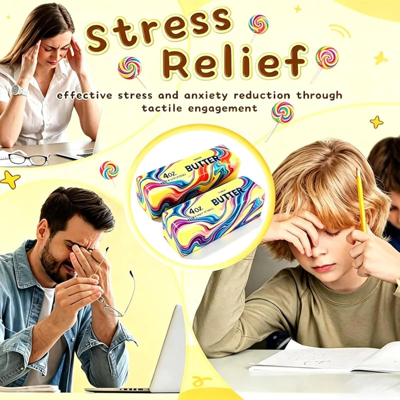 A young boy is using a slow-rise butter squishy stress relief toy to relieve stress.
