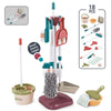 A kids pretend play cleaning set featuring a storage rack with various cleaning tools and accessories.