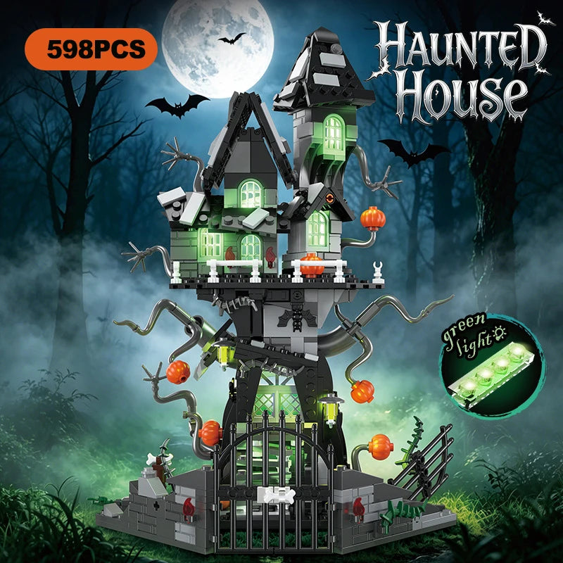 A spooky Halloween haunted house castle kit made of gray and green building blocks under a full moon.
