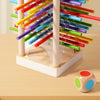 A wooden counting stick toy with colorful rods is displayed on a light wood surface.