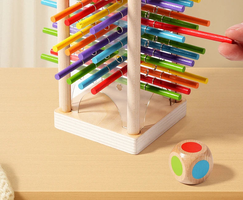 A wooden counting stick toy with colorful rods is displayed on a light wood surface.