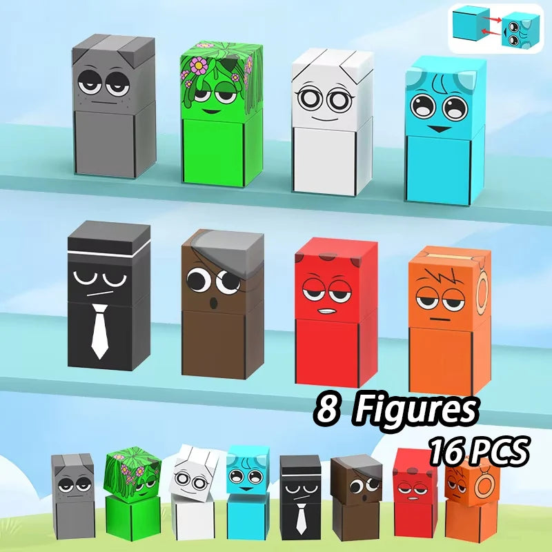 A collection of 8 figures made from magnetic building blocks in various colors and styles, including block shapes and facial 