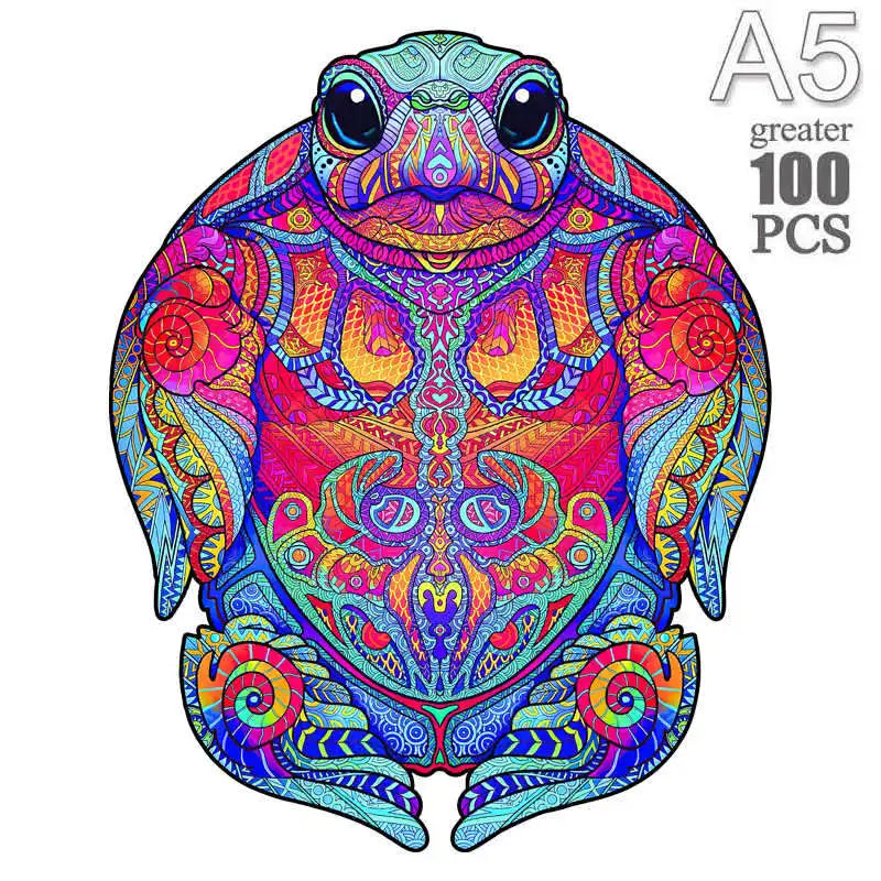 A colorful wooden animal puzzle set featuring a frog design for kids and adults.