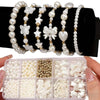 A collection of pearl beading beads, including various sizes and accessories, is displayed in small compartments.