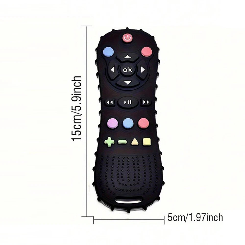 Black remote control shaped baby teether silicone chew toy with various buttons and controls