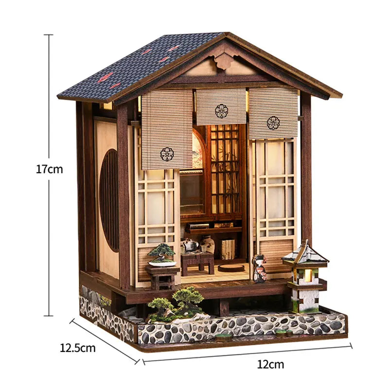 A miniature wooden music room book nook kit featuring detailed architecture and LED lighting.