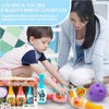 A colorful foam bowling set for kids featuring numbers and animal designs, shown in use.