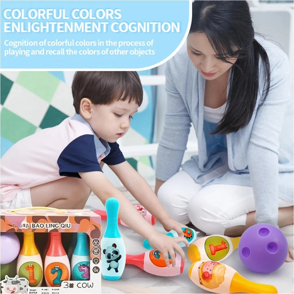 A colorful foam bowling set for kids featuring numbers and animal designs, shown in use.