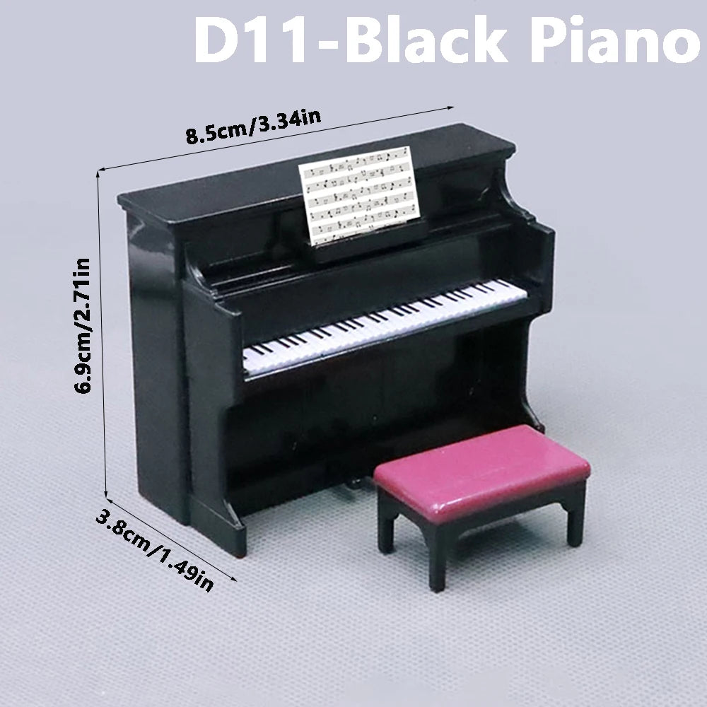 A black piano model with a pink bench and sheet music displayed on a gray background.