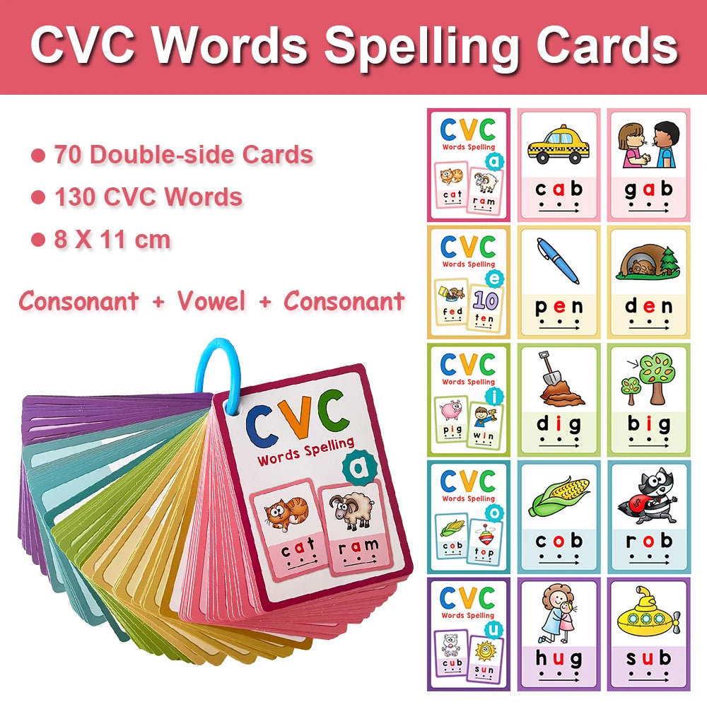 A set of 70 double-sided CVC words spelling cards featuring consonants and vowels for early reading skills.