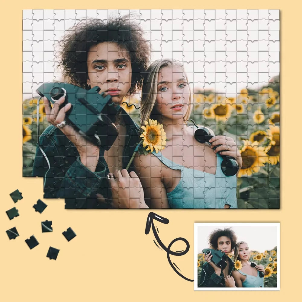 A jigsaw puzzle featuring a photo of two young people looking at the camera.