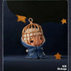 A collectible figurine of a person in a birdcage, wearing a blue cloak, set against a dark background with gold stars.