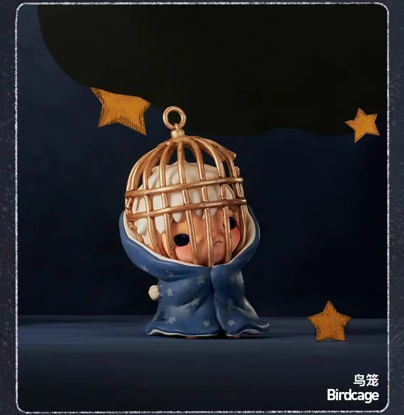 A collectible figurine of a person in a birdcage, wearing a blue cloak, set against a dark background with gold stars.