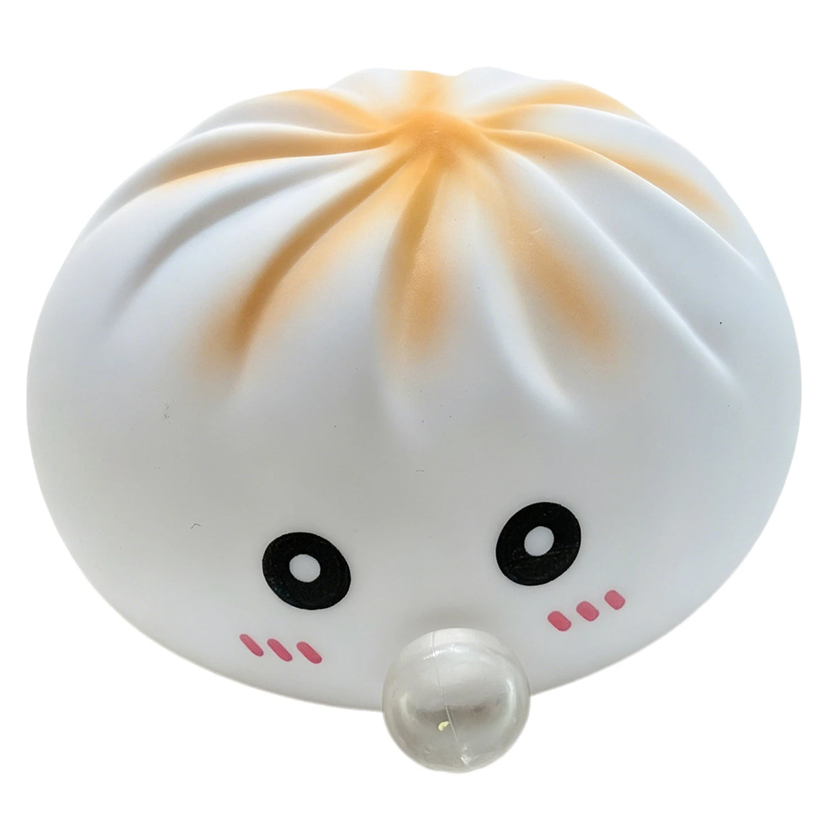 A white squishy toy shaped like a dumpling with peach-colored accents and large black eyes.