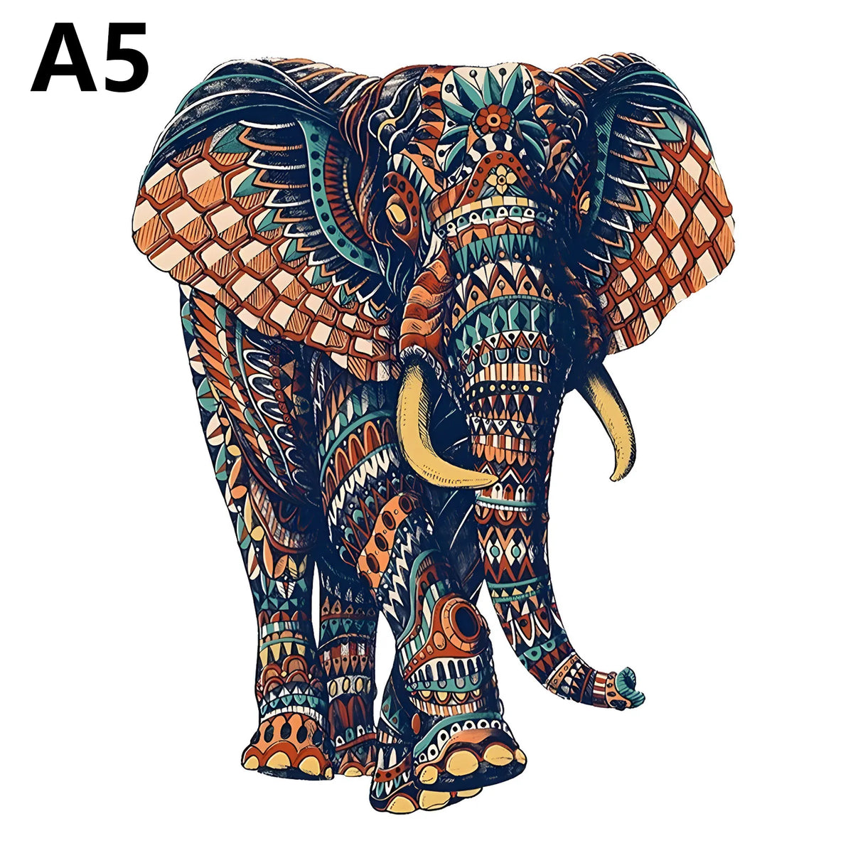 A detailed illustration of an elephant with intricate patterns, designed as a wooden puzzle.