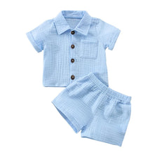 Light blue baby boy cotton linen summer shirt and shorts outfit set