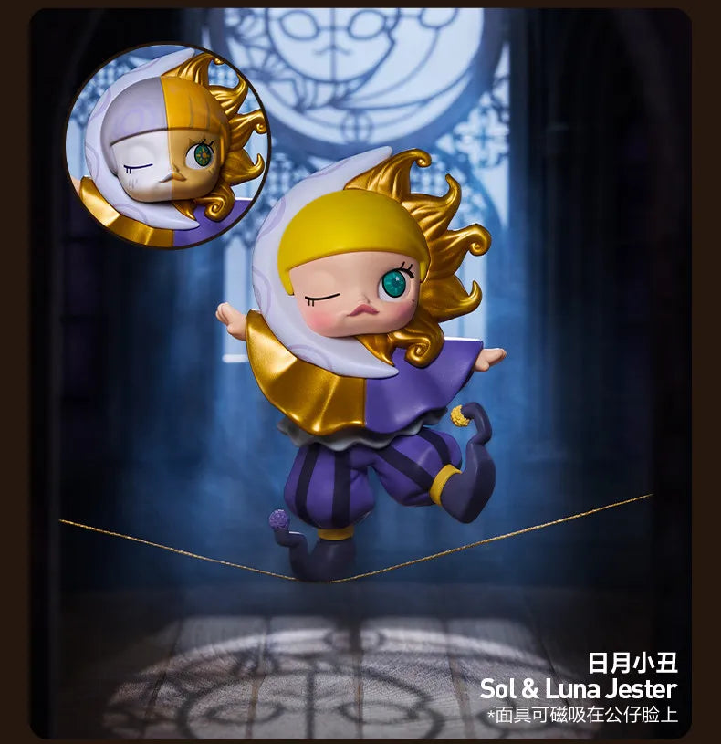 A collectible figure blind box of Sol & Luna Jester with golden hair and purple clothing against a dark blue background.