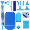 A complete diamond painting tool kit showing various tools and a blue plastic tray for painting.
