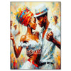 A vibrant painting depicting an African woman in a white top and hat, with splashes of red and yellow paint.