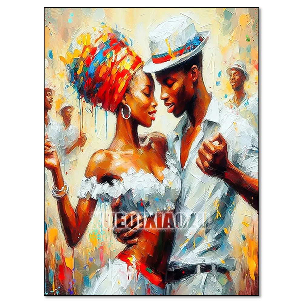 A vibrant painting depicting an African woman in a white top and hat, with splashes of red and yellow paint.