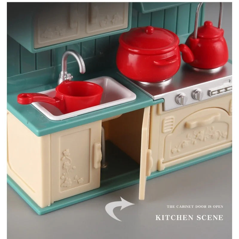 A miniature dollhouse kitchen scene featuring red pots and utensils on a light green countertop.
