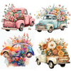 Watercolor illustrations of vintage and modern trucks decorated with vibrant floral arrangements for room decor.