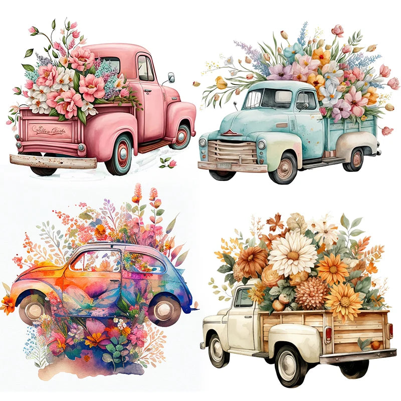 Watercolor illustrations of vintage and modern trucks decorated with vibrant floral arrangements for room decor.