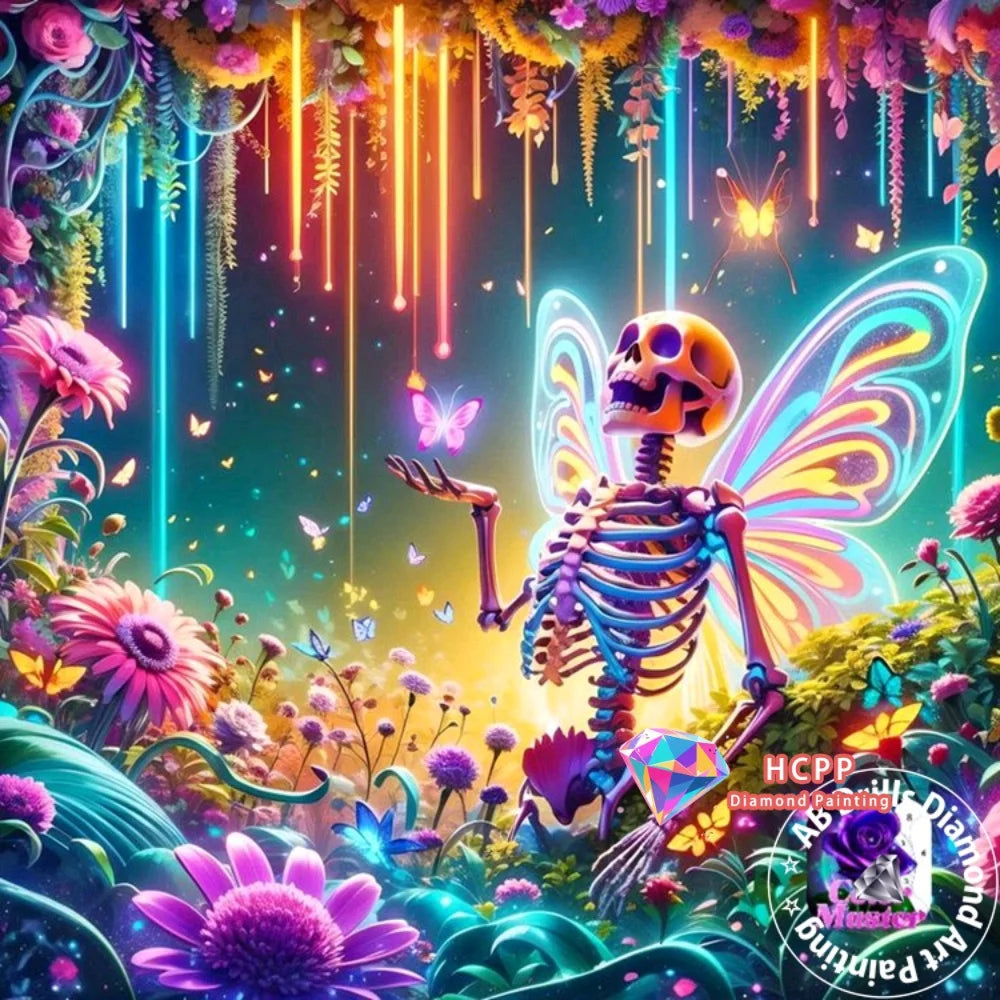 A vibrant diamond painting featuring a skull with iridescent wings surrounded by colorful flowers and foliage.