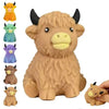 A set of five glitter highland cow squishy stress relief toys in various colors and textures.
