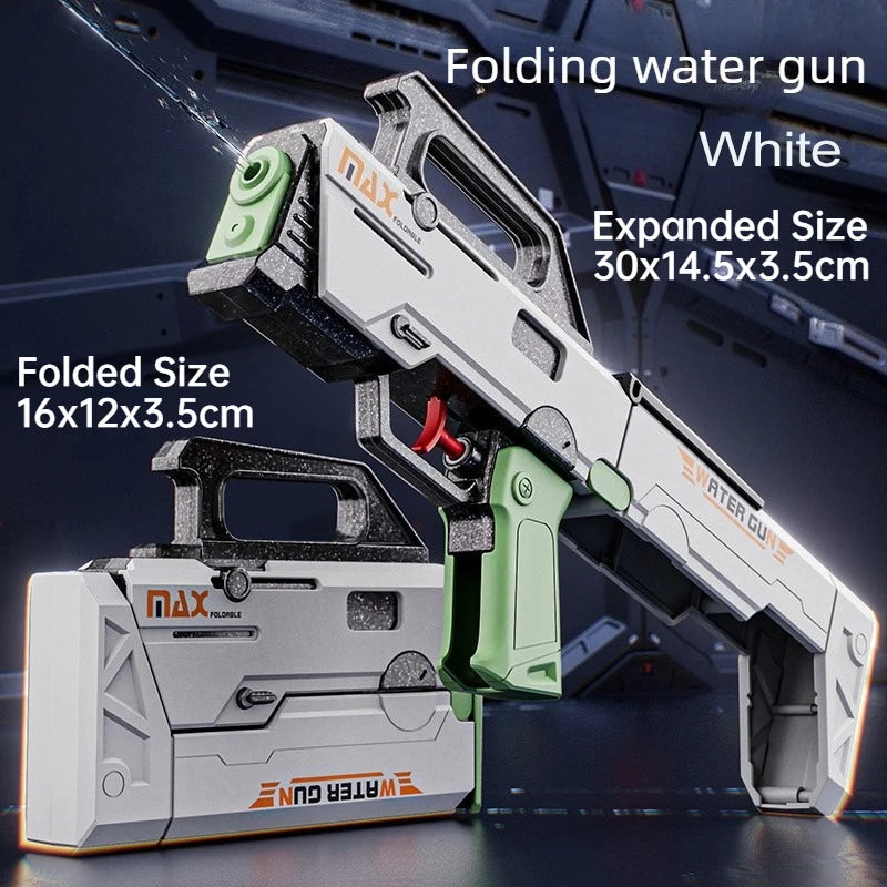 A white folding water gun is shown in both folded and expanded sizes against a dark background.