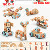 A set of wooden toy drills and tools for children's STEM learning and assembly playset