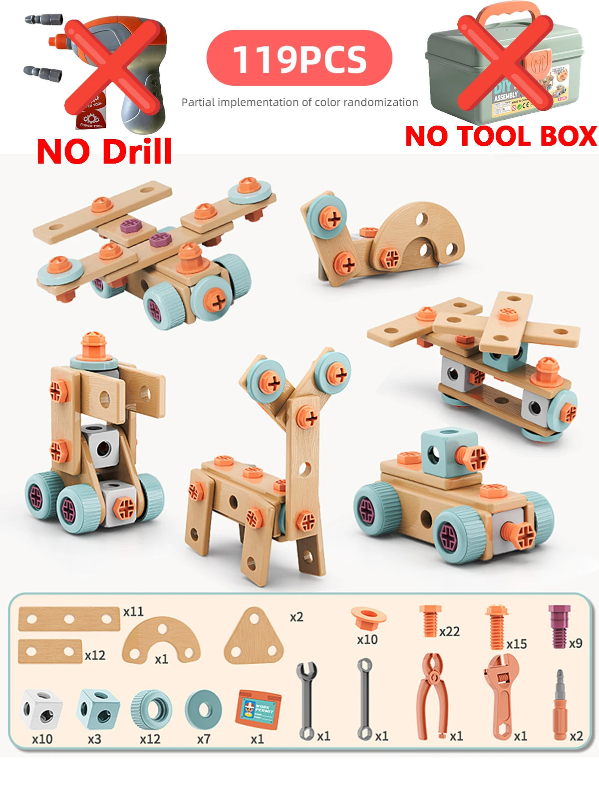 A set of wooden toy drills and tools for children's STEM learning and assembly playset