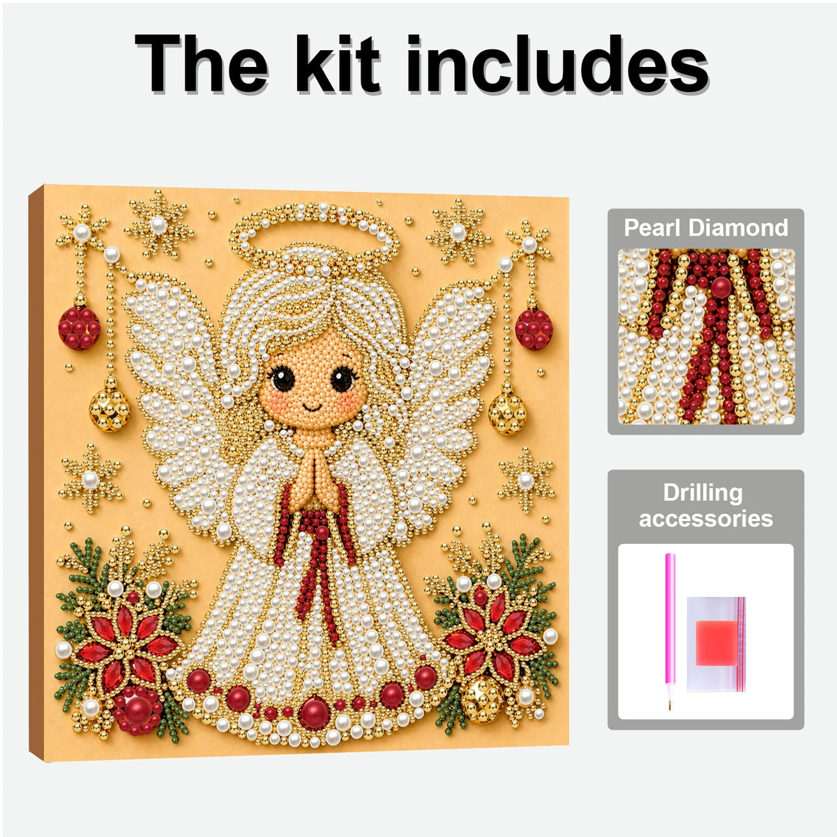 A kit for pearl diamond painting featuring an angel figure with gold and red accents, including various embellishments.