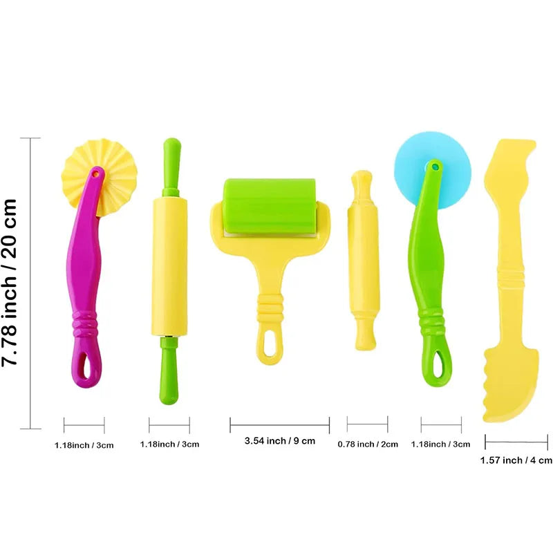 A set of colorful silicone tools for creative play dough including a pink spatula, yellow tools, and a green spatula.
