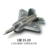 A 1:100 scale model of a US F-22 fighter jet in a gray and blue camouflage scheme.