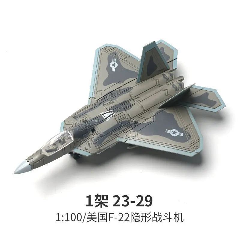 A 1:100 scale model of a US F-22 fighter jet in a gray and blue camouflage scheme.