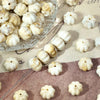 A collection of small, pale yellow and white gold-traced pumpkin resin beads for jewelry making displayed on a glass platter.