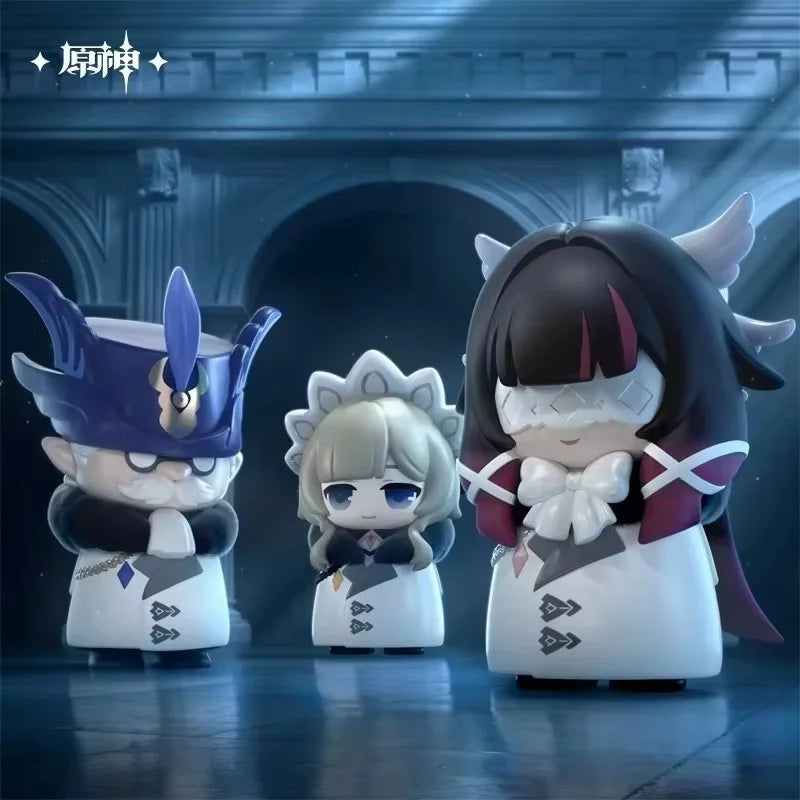Three chibi figurines of Fatui Harbingers in white and purple outfits displayed against a dark blue background.