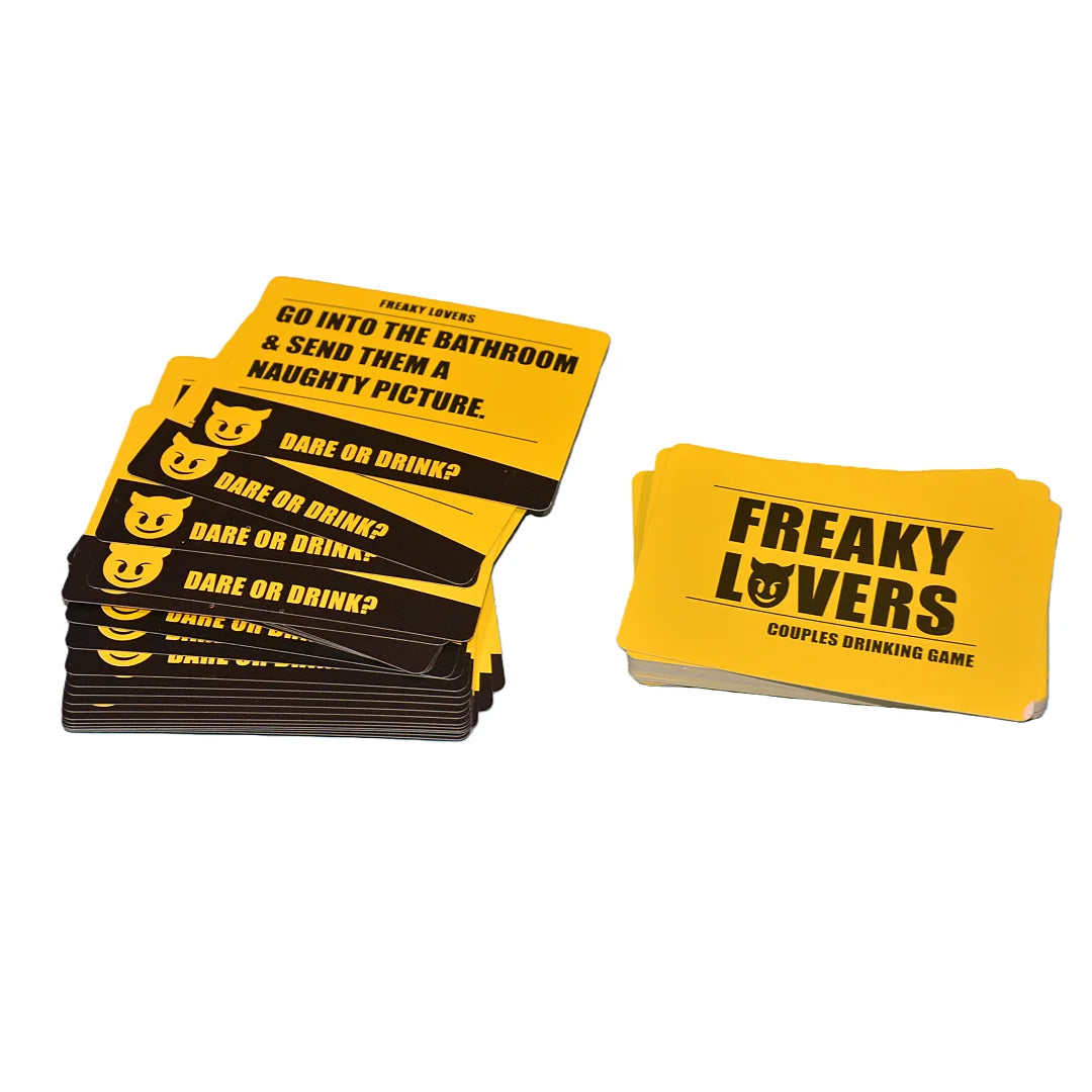 A yellow box of Freak Lovers truth or dare cards for a couples drinking game.