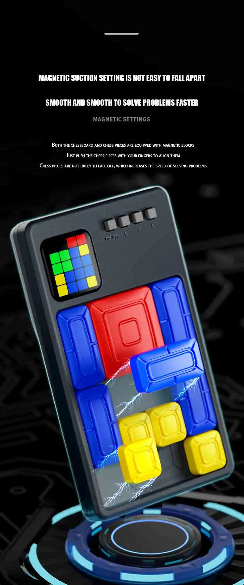A close-up view of a magnetic suction puzzle game with colored blocks and a circular base.