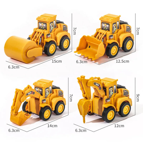 Yellow diecast construction vehicle models shown from different angles and scales.