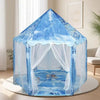 A light blue and white foldable kids castle princess play tent with sheer fabric draping.