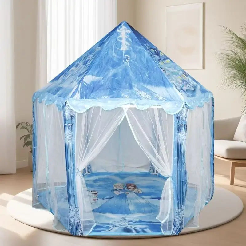 A light blue and white foldable kids castle princess play tent with sheer fabric draping.