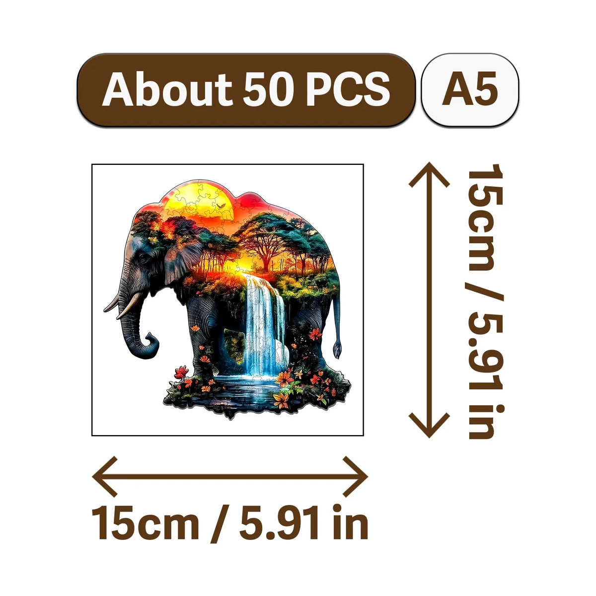 A jigsaw puzzle depicting an elephant with a waterfall and lush greenery.