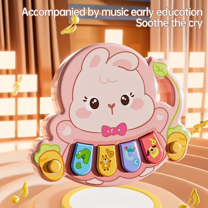 A pink rabbit-shaped musical piano toy for early education accompanied by music to soothe a child's cry.