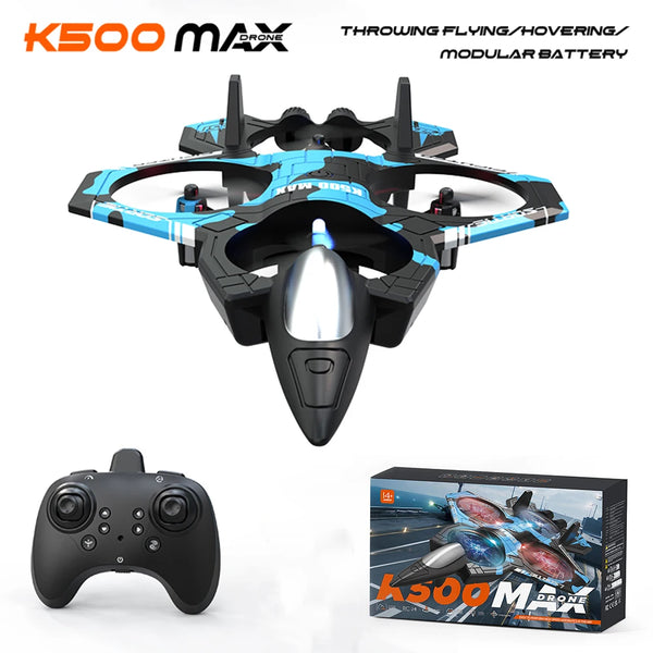 A black and blue K500 MAX drone with a propeller, remote controller, and packaging box.