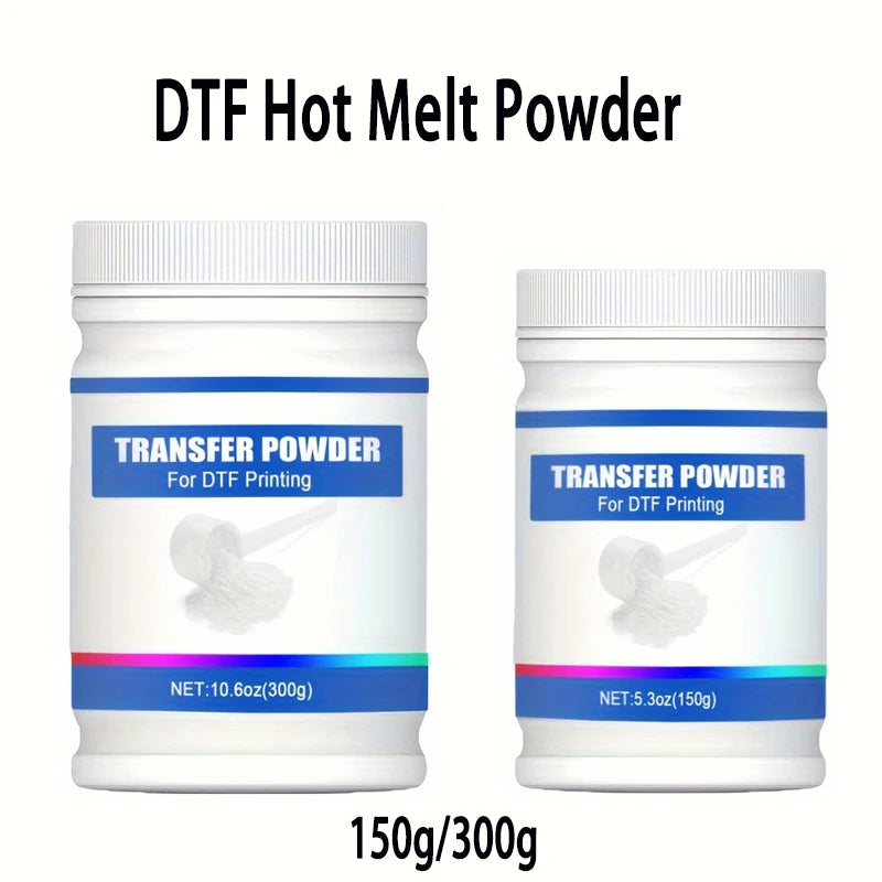 Two jars of DTF Hot Melt Powder for transfer printing, labeled 150g/300g.