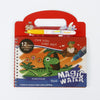 A red and white box containing a dinosaur magic water painting book with illustrations of dinosaurs and water.