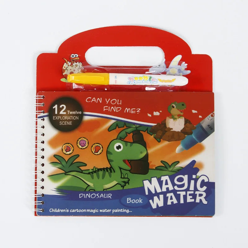 A red and white box containing a dinosaur magic water painting book with illustrations of dinosaurs and water.