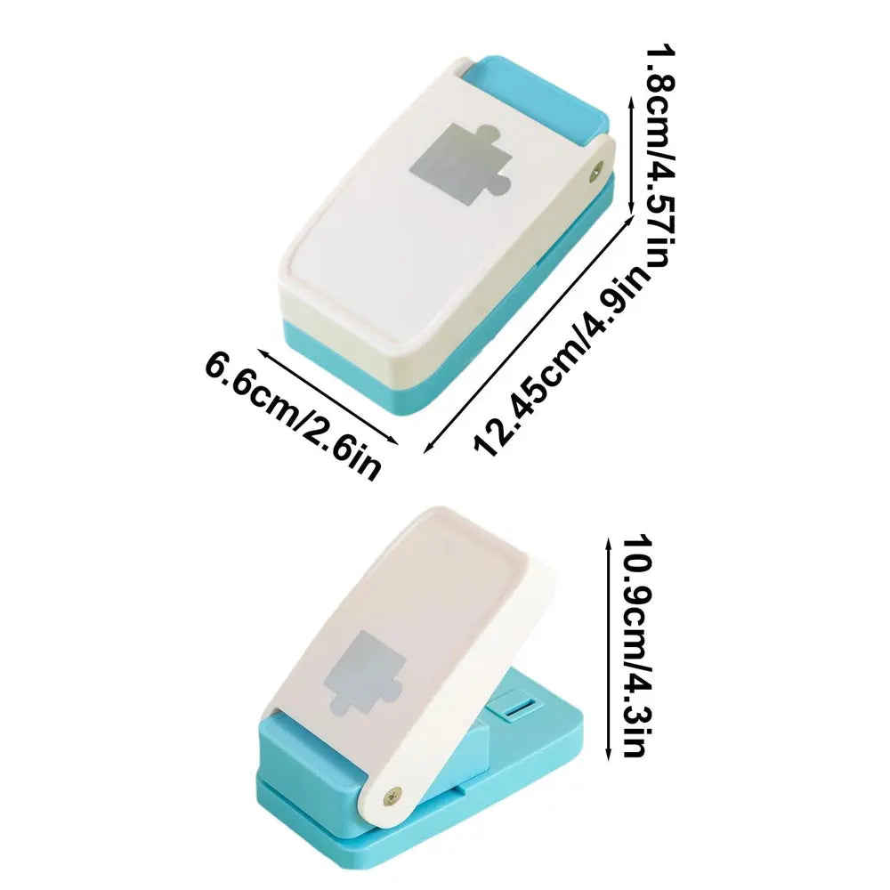 A white DIY puzzle making tool with a light blue casing and a puzzle piece on top, shown from the side.